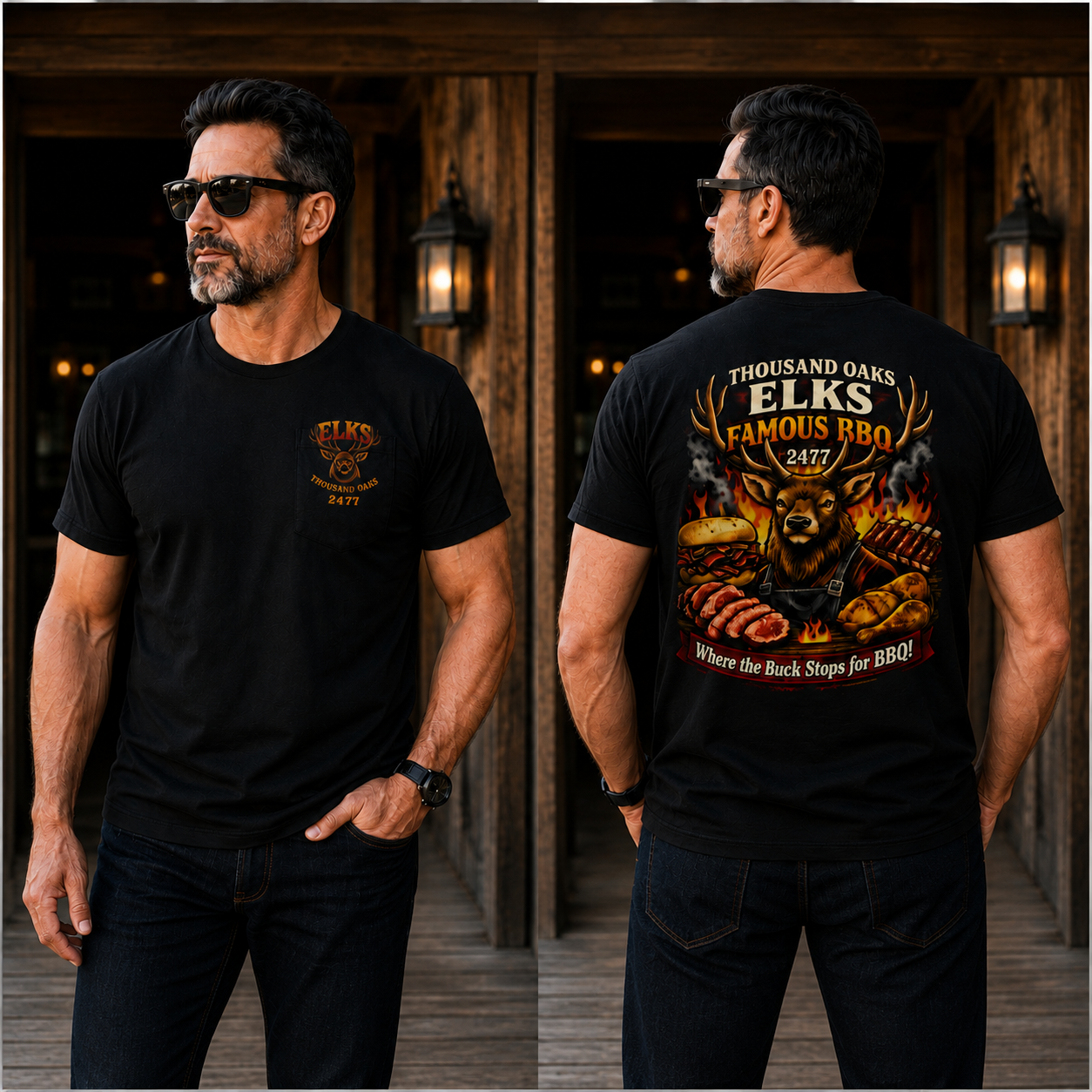 Elks Famous BBQ Design Front and Back - Pick your Style